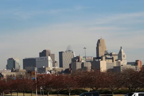 cincinnati-oh Downtown Cincinnati, Ohio skyline featuring the Great American Tower and major corporate buildings.